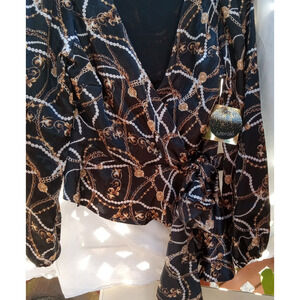 Meraki NWT Lady's Top Midriff Luxurious Tie Belt Long Elastic in Sleeves Snap